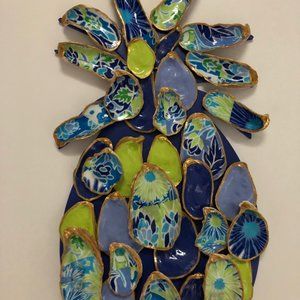Preppy Decoupage Blue and Lime Green Oyster Shell Pineapple